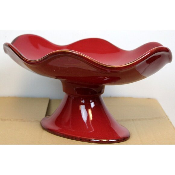 Southern Living Cinnabar Footed Serving Bowl Red Stoneware Pedestal Ruffled Edge - Picture 4 of 9